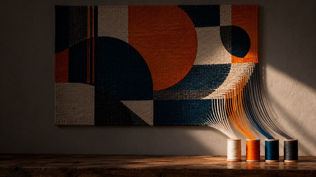 Geometrischer Bildteppich in Blau, Orange und Creme an einer dunklen Wand; Streiflicht fällt auf die rechte untere Ecke, wo sich das Gewebe in einzelne Fäden auflöst, die zu vier Garnspulen auf einem Holztisch laufen.